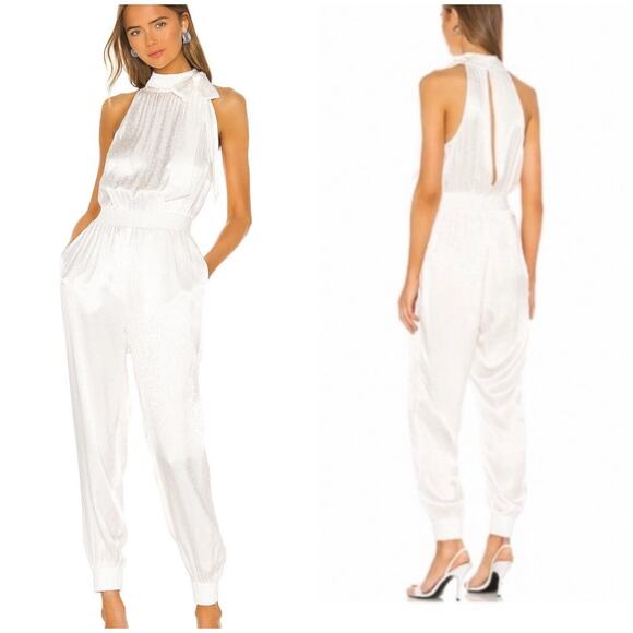 cinq a sept Pants - Cinq a Sept White Satin Halter Satin Jumpsuit Xs White Tie Neck Star Jacquard